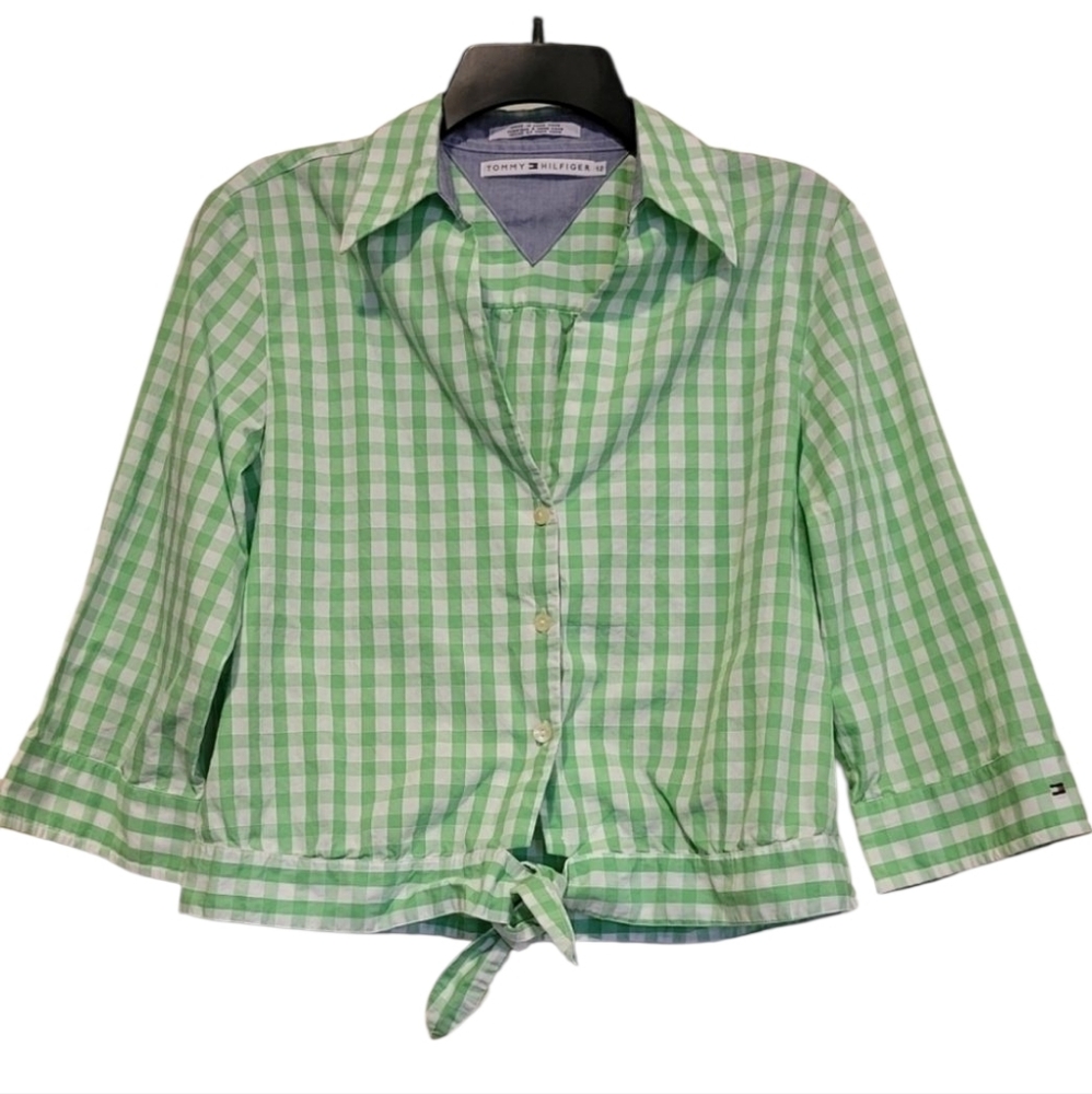 Tommy Hilfiger long sleeve button up women's green and white checkered top Sz 12